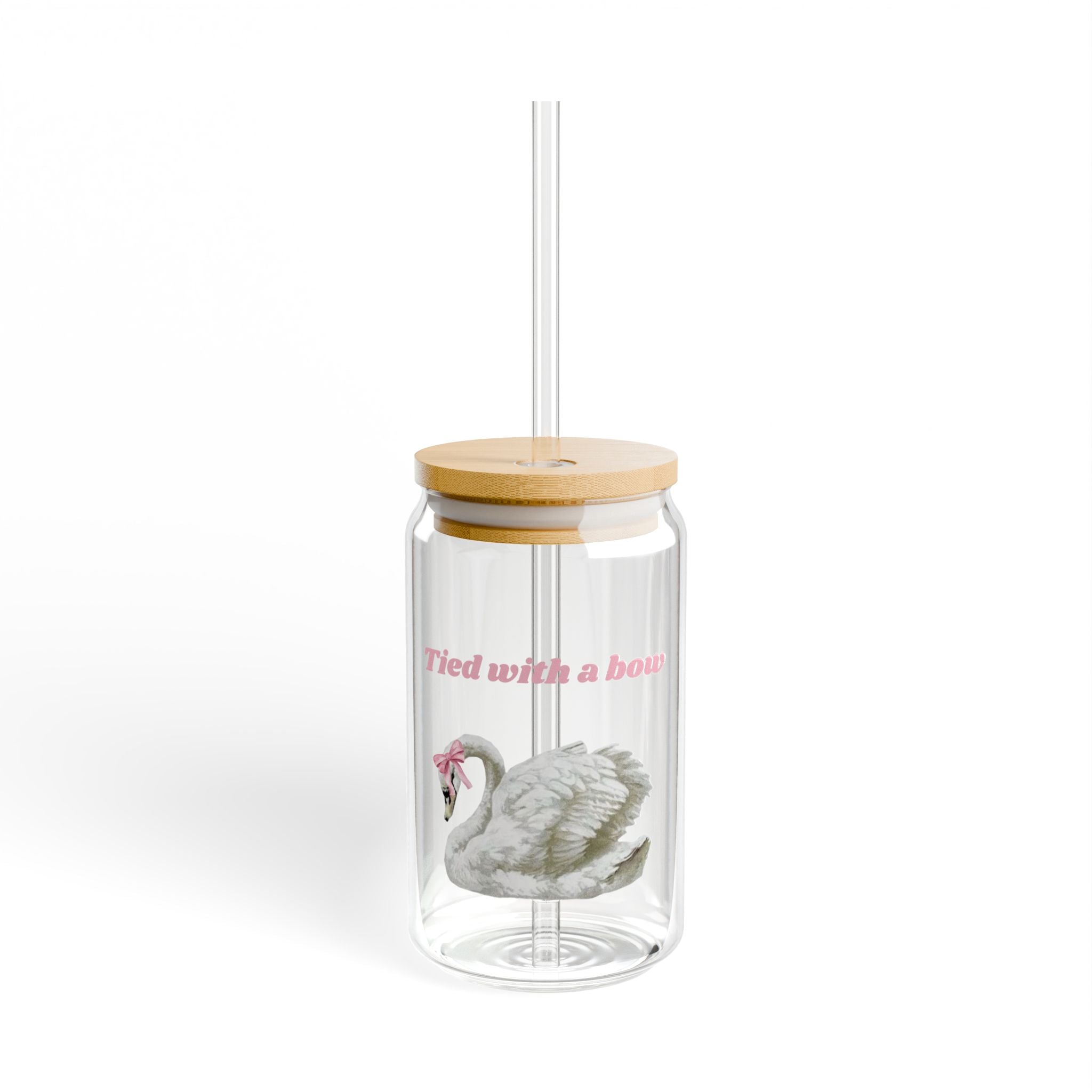 Swan Glass Sipper Tumbler – 16 oz Reusable Cup with Straw ("Tied with a Bow")